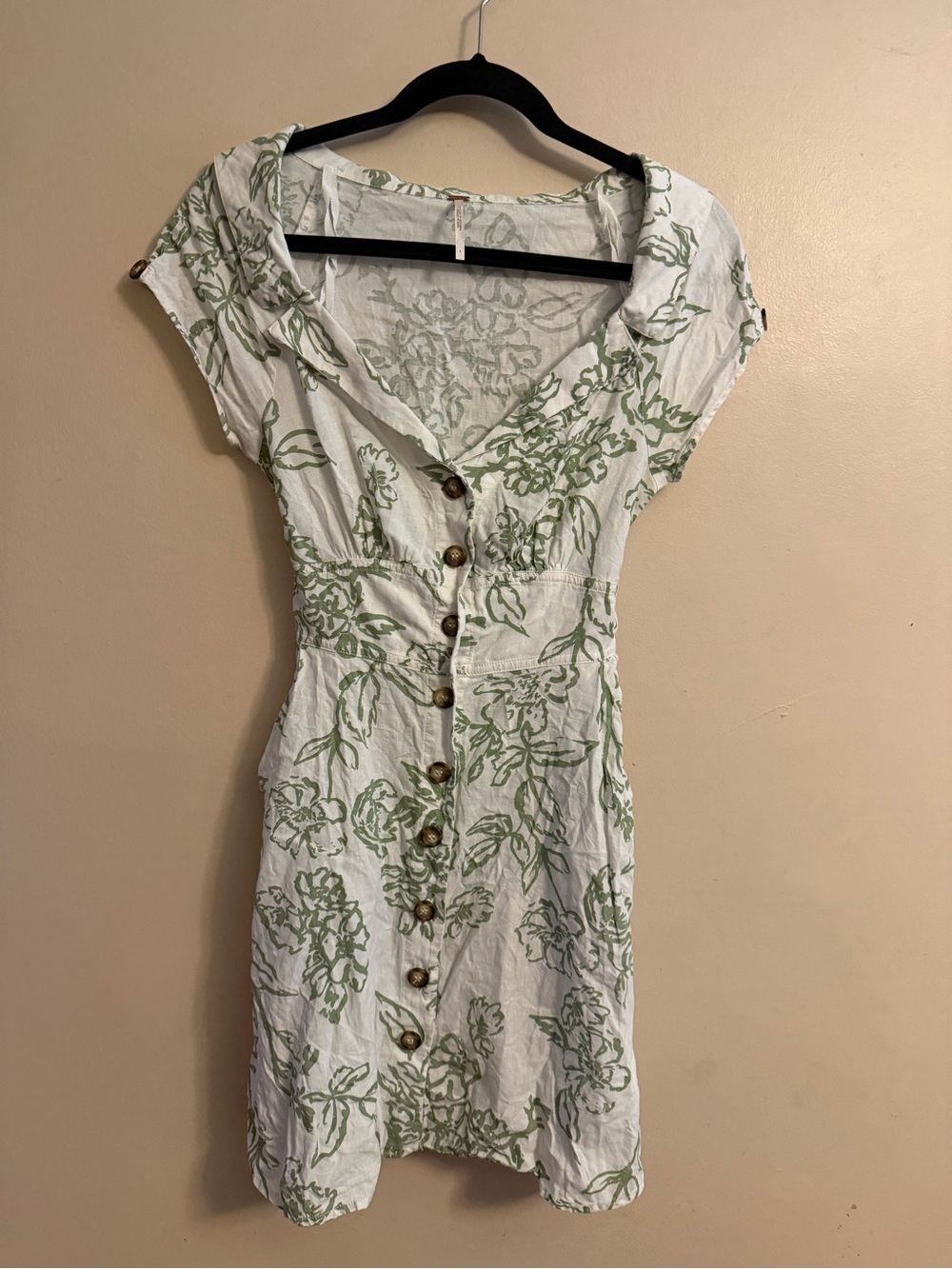 Free People White Mini Dress with Light Green Floral Print